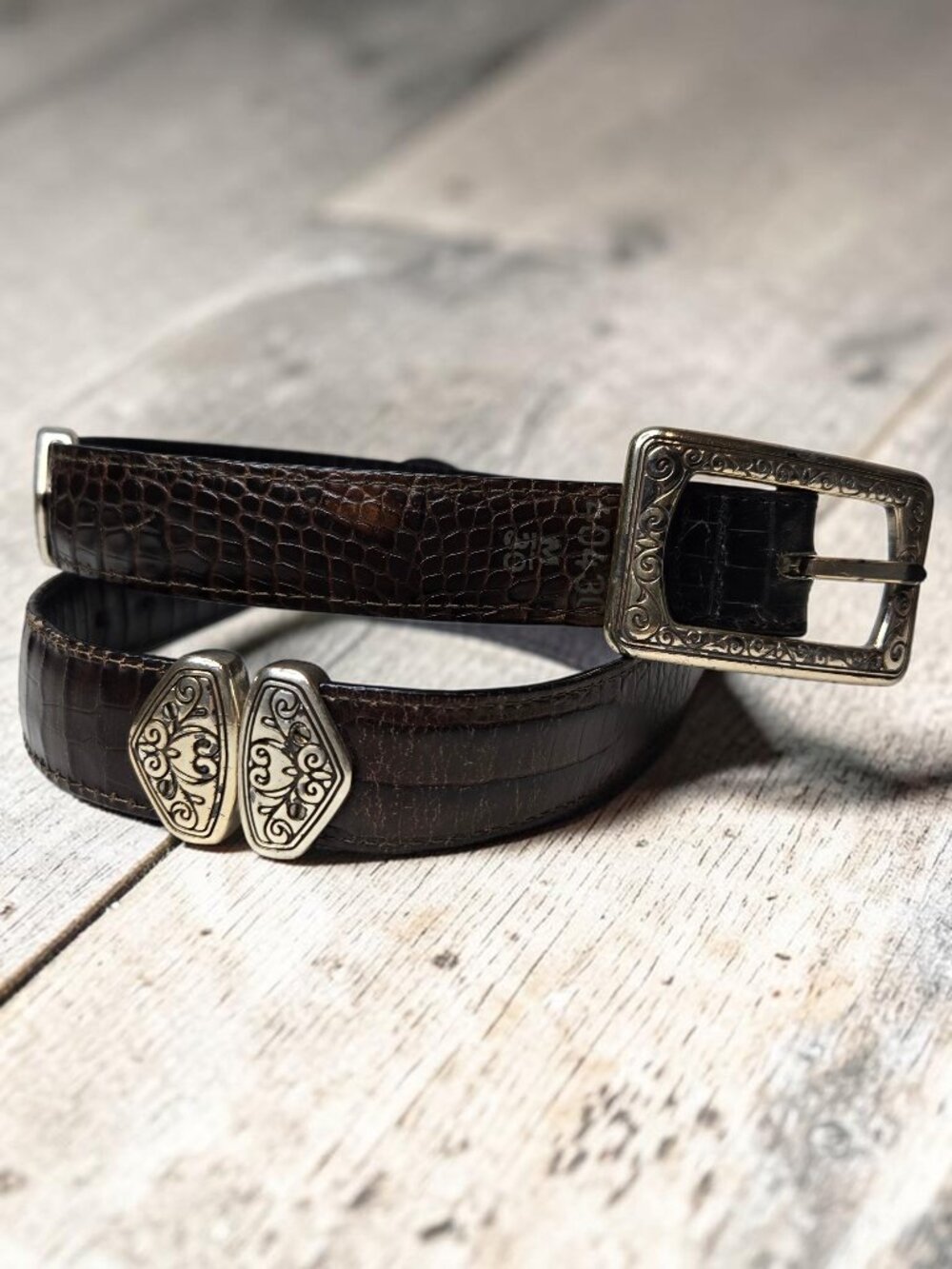 Reversible Links Women's Croc Embossed Belt Engraved Silver Tone Links 30